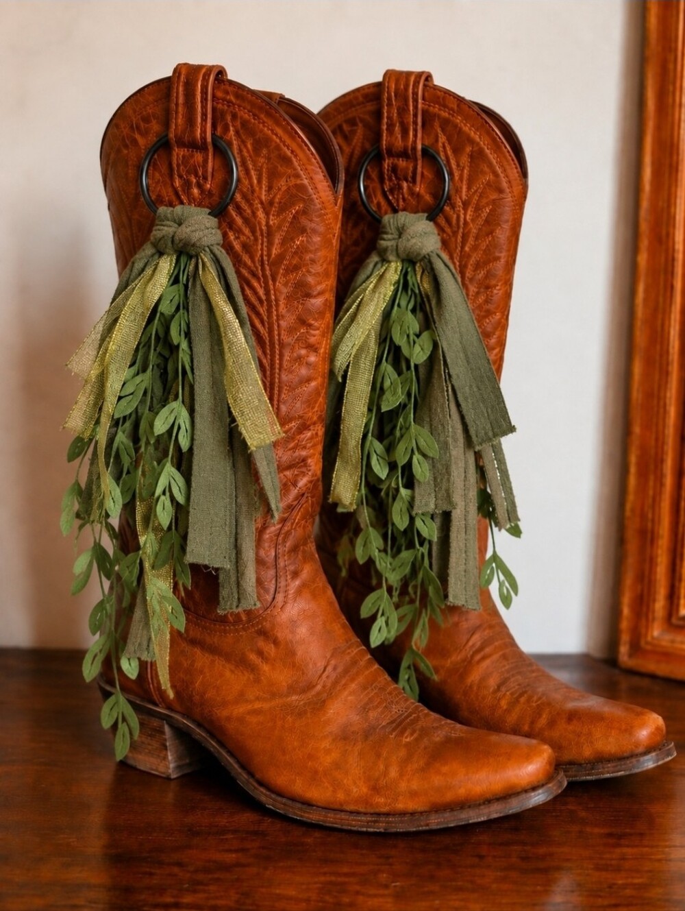 Western Fairy Boot Rings with Greenery & Gold Tassels | Boho Fairycore